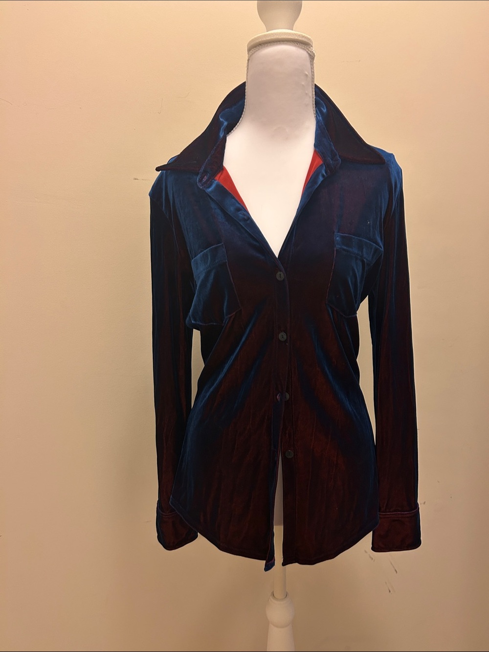 Express Velvet Button-Down Shirt in Navy with Red Accent